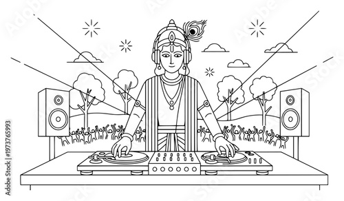 Lord Krishna playing music as DJ with turntables and headphones at festival in line art style