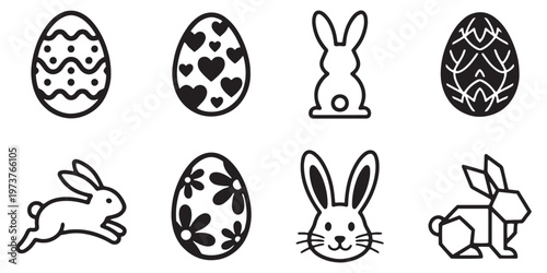 Easter bunny rabbits silhouettes vector illustration, Happy Easter vector design on a white background. a cute bunny, chick, basket, carrot, flower, and decorated eggs with various