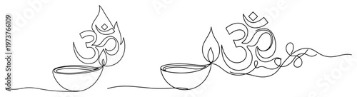 Diwali oil lamps with Om symbol integrated into flames in continuous line art style