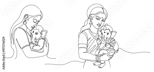Goddess Parvati holding baby Ganesha in a tender embrace in minimalist line art style