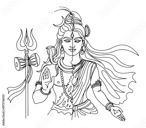 Ardhanarishvara representation of Lord Shiva and Goddess Parvati as one divine being in minimalist continuous line art style