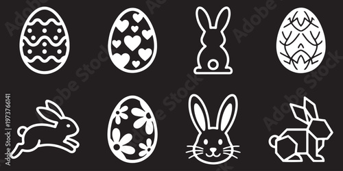 Easter bunny rabbits silhouettes vector illustration, Happy Easter vector design on a white background. a cute bunny, chick, basket, carrot, flower, and decorated eggs with various