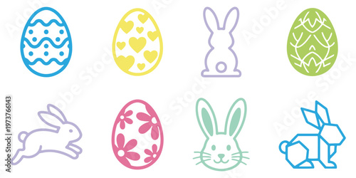 Easter bunny rabbits silhouettes vector illustration, Happy Easter vector design on a white background. a cute bunny, chick, basket, carrot, flower, and decorated eggs with various