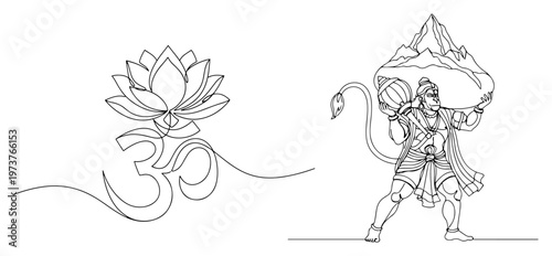 Om symbol with lotus and Lord Hanuman carrying Sanjeevani mountain in minimalist continuous line art style