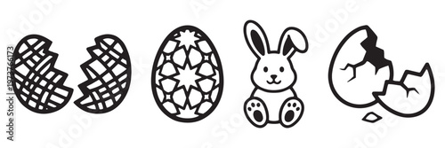 Set of 8 Easter icons vector isolated on Transparent Background. Easter Outline Icon Set – Crosshatch Decorated Egg, Floral Egg, Sitting Bunny Rabbit, Cracked Egg Shell Thin Line Icons for Spring
