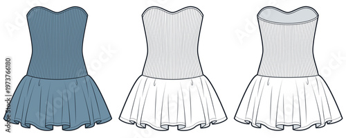 Women Strapless Mini Dress Fashion Flat Technical Drawing Template Featuring Sweetheart Neckline Rib Bodice Flared Skirt and Front Back Views