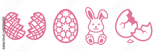 Set of 8 Easter icons vector isolated on Transparent Background. Easter Outline Icon Set – Crosshatch Decorated Egg, Floral Egg, Sitting Bunny Rabbit, Cracked Egg Shell Thin Line Icons for Spring