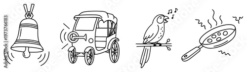 Indian culture icons set including bell rickshaw singing parrot and pan in doodle style