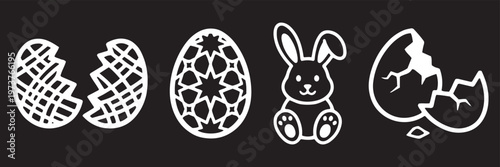 Set of 8 Easter icons vector isolated on Transparent Background. Easter Outline Icon Set – Crosshatch Decorated Egg, Floral Egg, Sitting Bunny Rabbit, Cracked Egg Shell Thin Line Icons for Spring