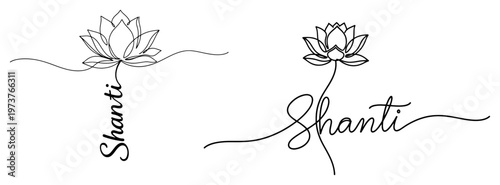 Lotus flower with Shanti calligraphy text for peace and mindfulness in minimalist line art style