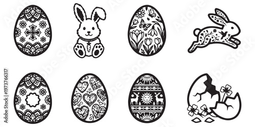 Easter Ornate Icon Set – Decorative Patterned Egg, Sitting Bunny, Running Rabbit, Hatching Chick Intricate Floral Silhouette Vector Icons for Spring Holiday Laser Cut. Set of ornate rabbits in various
