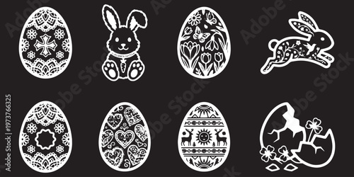 Easter Ornate Icon Set – Decorative Patterned Egg, Sitting Bunny, Running Rabbit, Hatching Chick Intricate Floral Silhouette Vector Icons for Spring Holiday Laser Cut. Set of ornate rabbits in various