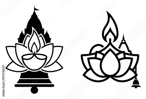 Lotus flower with diya lamp and temple silhouette icons in bold black line style