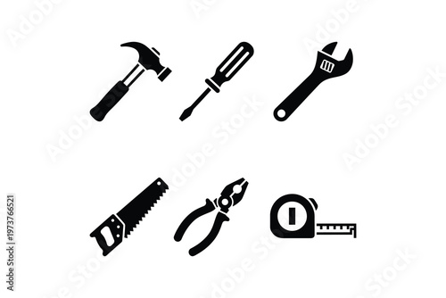 Hand Tools Icons Set for Construction and Repair - Carpenter Tools and Hardware Equipment Silhouette Icon Artwork