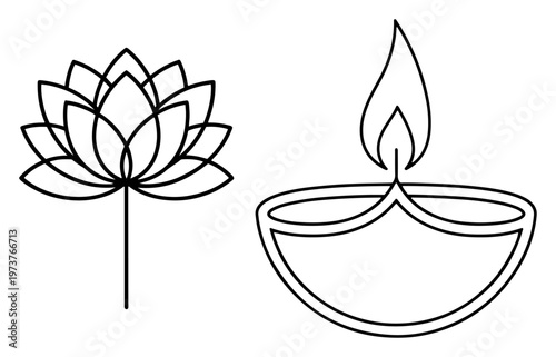 Lotus flower and diya lamp icons in minimal thin line art style