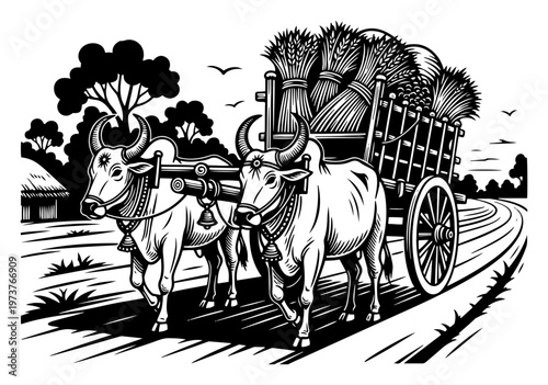 Schilderij op canvas Bullocks pulling harvest cart on rural road bold graphic style