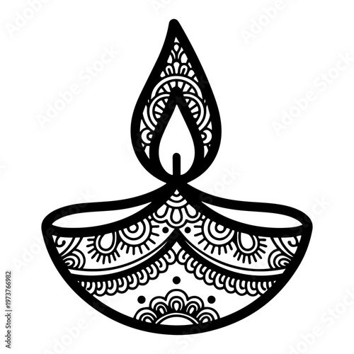 Intricate Diwali diya oil lamp with traditional patterns in decorative line art style
