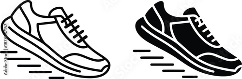 Running shoes icons set with speed motion lines minimalist black and white sneakers vector for fitness and sports design