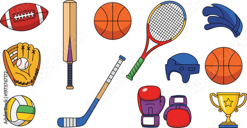 Sports Equipment Vector Set with Ball Bat Racket Gloves Trophy Isolated on White Background