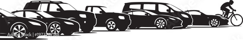 Black car silhouettes, vehicles in traffic, cyclist on bike, urban transportation icons, vector graphics