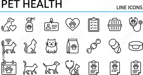 Pet health line icon set with veterinary care symbols animals medical tools and clinic elements vector illustration