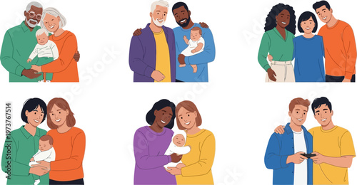 Diverse Families and Relationships Vector Illustration Set Featuring Various Couples and Babies