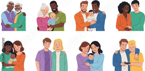 Diverse Couples and Families Embracing Love and Togetherness in Vector Illustration Set