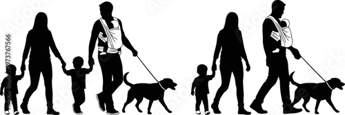 Detailed silhouettes of two modern families walking with their children and pet dogs