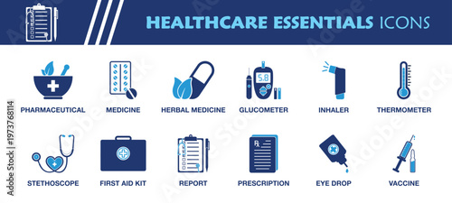 Healthcare Essential Icon Set. Collection of Pharmaceutical, Medicine, Vaccine, Thermometer, Stethoscope, First Aid Kit, Report, Prescription and More Icons. Editable Flat Vector Illustration.