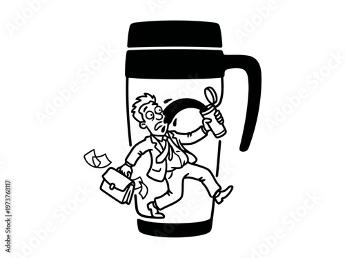 Minimalist Coffee Thermos with Spilling Cartoon Character Line Art, Monochrome Vector Illustration of Commute Fail Humor