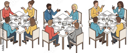 Diverse groups of people having animated conversations at restaurant tables, vector illustration