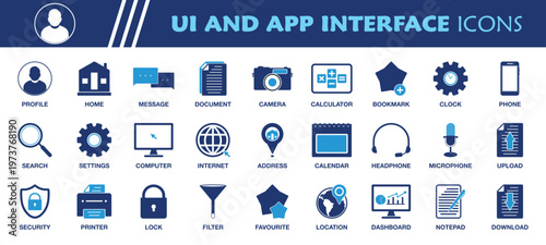 UI and APP Interface Icon Set. Collection of Profile, Home, Dashboard, Computer, Mobile Phone, Internet, Location, Security and More Icons. Editable Flat Vector Illustration.
