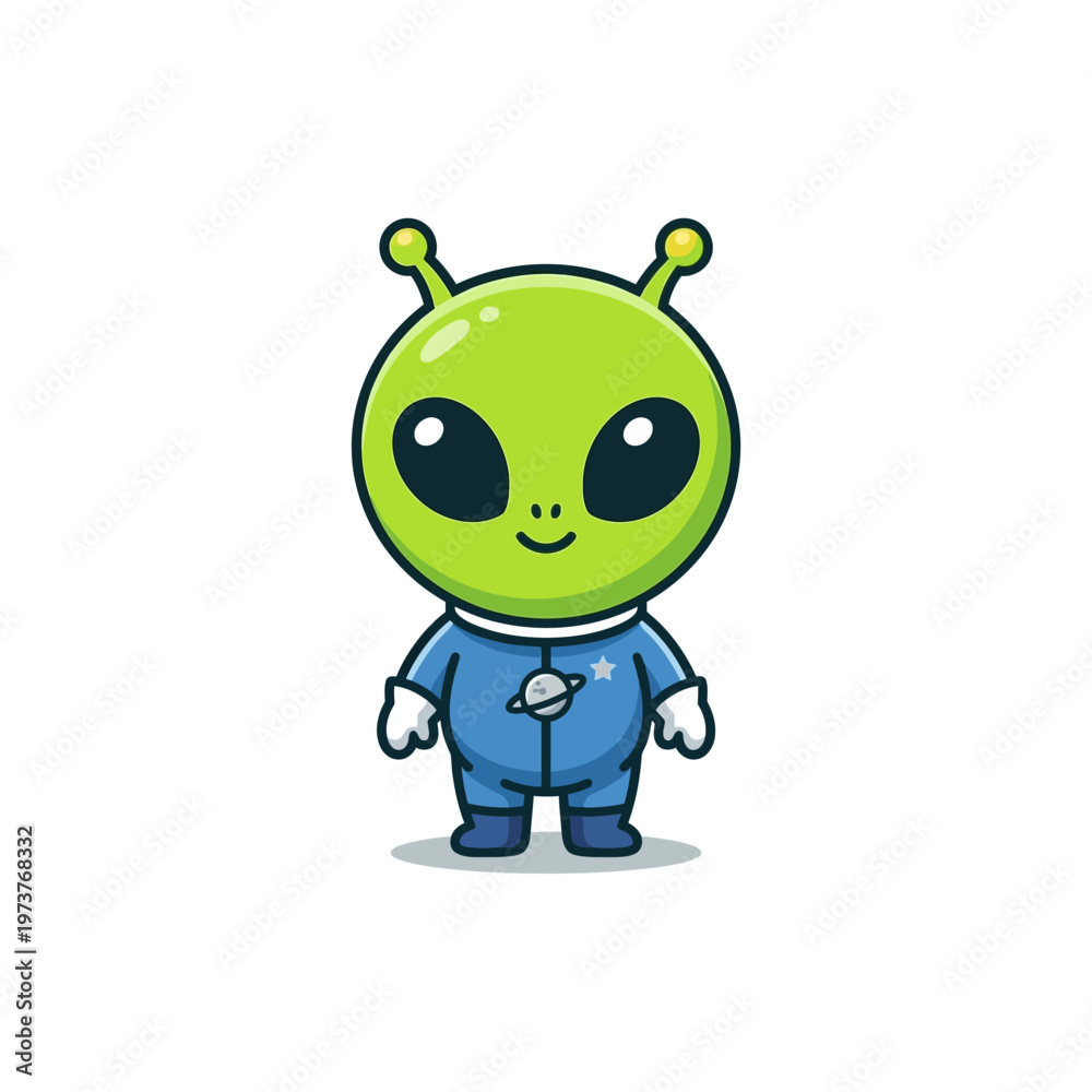 Obraz premium Cute green alien full body icon with big black eyes in modern flat vector style.