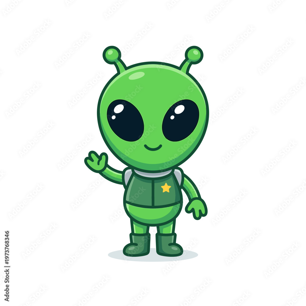 Obraz premium Cute green alien full body icon with big black eyes and small body in flat vector style.
