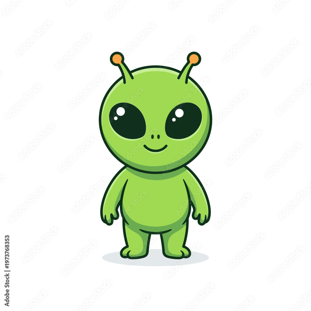 Fototapeta premium Cute green alien full body icon with big black eyes and small body in flat vector style.