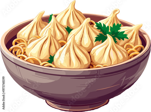 Chinese dumplings in bowl with herbs, traditional dim sum asian food illustration