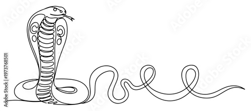 Foto Cobra snake with open hood and decorative swirls in continuous line art style