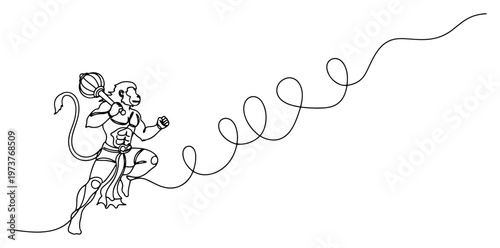 Fotografi Lord Hanuman flying with mace gada in decorative continuous line art style