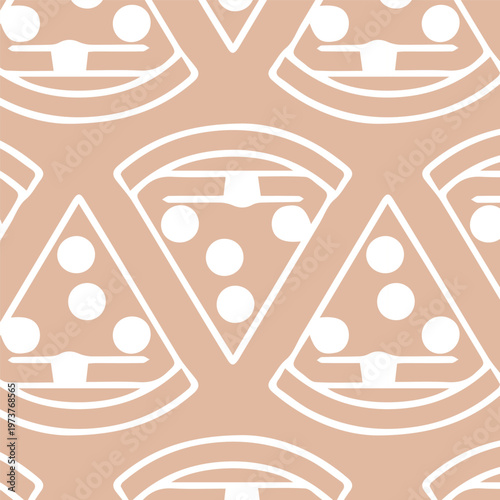 Seamless Pattern of Pizza in white linear color on beige