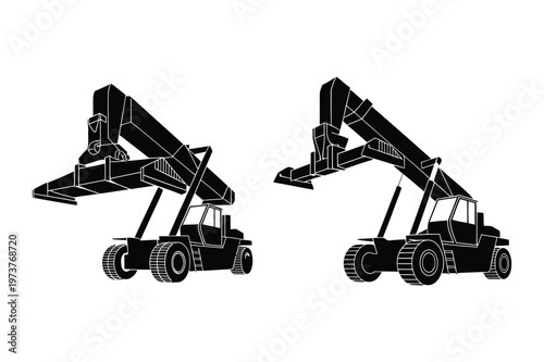 Black silhouette icons of container handling forklift and reach stacker machines