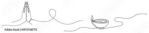 Namaste prayer hands and burning diya lamp for diwali festival in continuous line art style