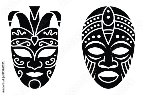 Black silhouette icons of tribal african masks
