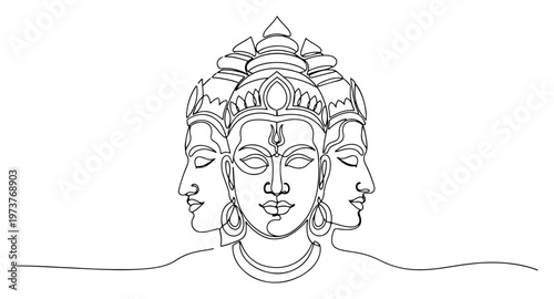 Lord Brahma four headed deity face in minimalist continuous line art style