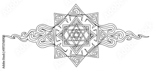 Geometric Yantra design with intricate patterns in line art style
