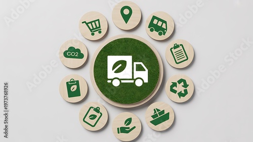Eco friendly delivery, sustainable logistics, green transportation icons, circular economy