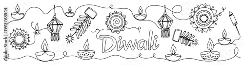 Diwali festival celebration elements in minimalist continuous line art style