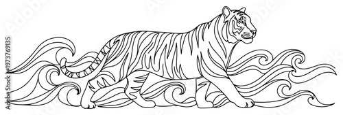 Royal bengal tiger walking through decorative waves and traditional floral motifs in line art style