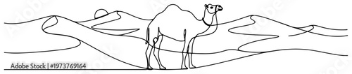 Camel walking through desert sand dunes under sun in continuous line art style
