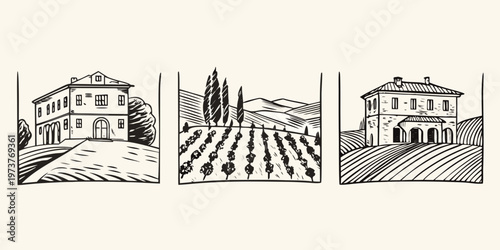 Tuscan countryside landscape with buildings and vineyards a striking silhouette