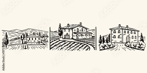 Tuscan countryside landscape with detailed buildings and rolling hills silhouette